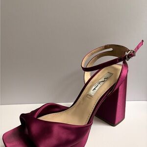 Nina Satin Ankle-Strap Block Heel Sandal in Wine/Fuchsia